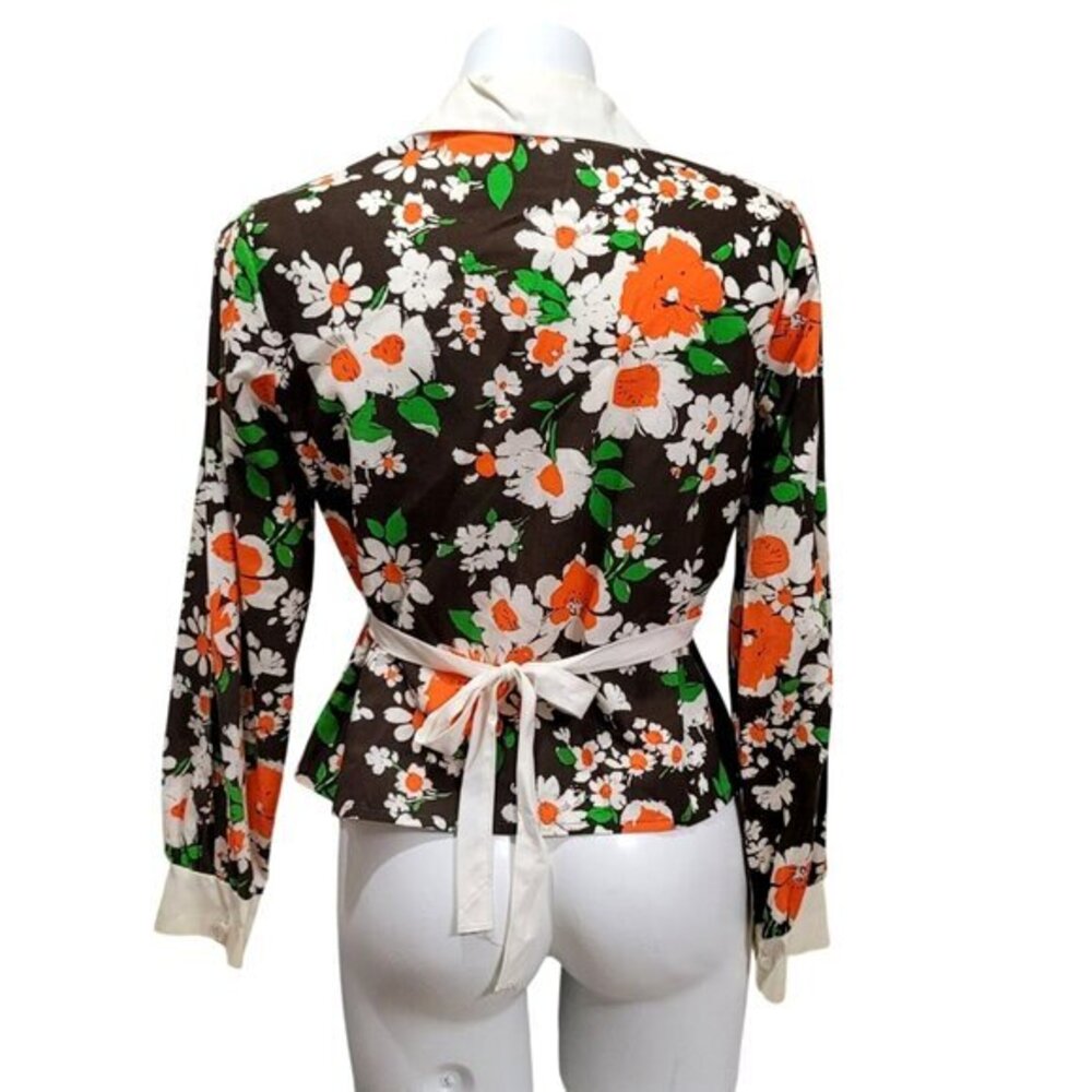 Vintage Floral Long Sleeve Blouse Top Shirt Peter Pan Collar Button Front - Picture 6 of 8